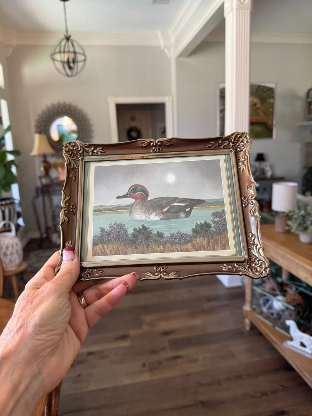 Vintage Ornate Gold Framed Duck Print by English A.F. Lydon with Wood Easel